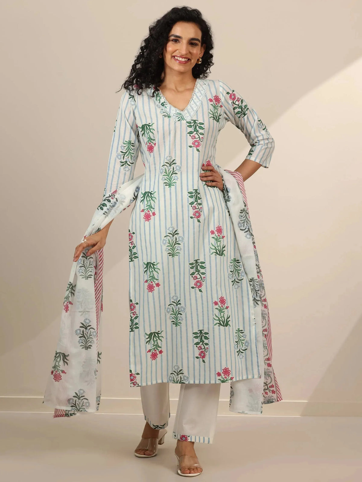 Anouk Off White Printed Cotton Straight Suit Sets With Dupatta