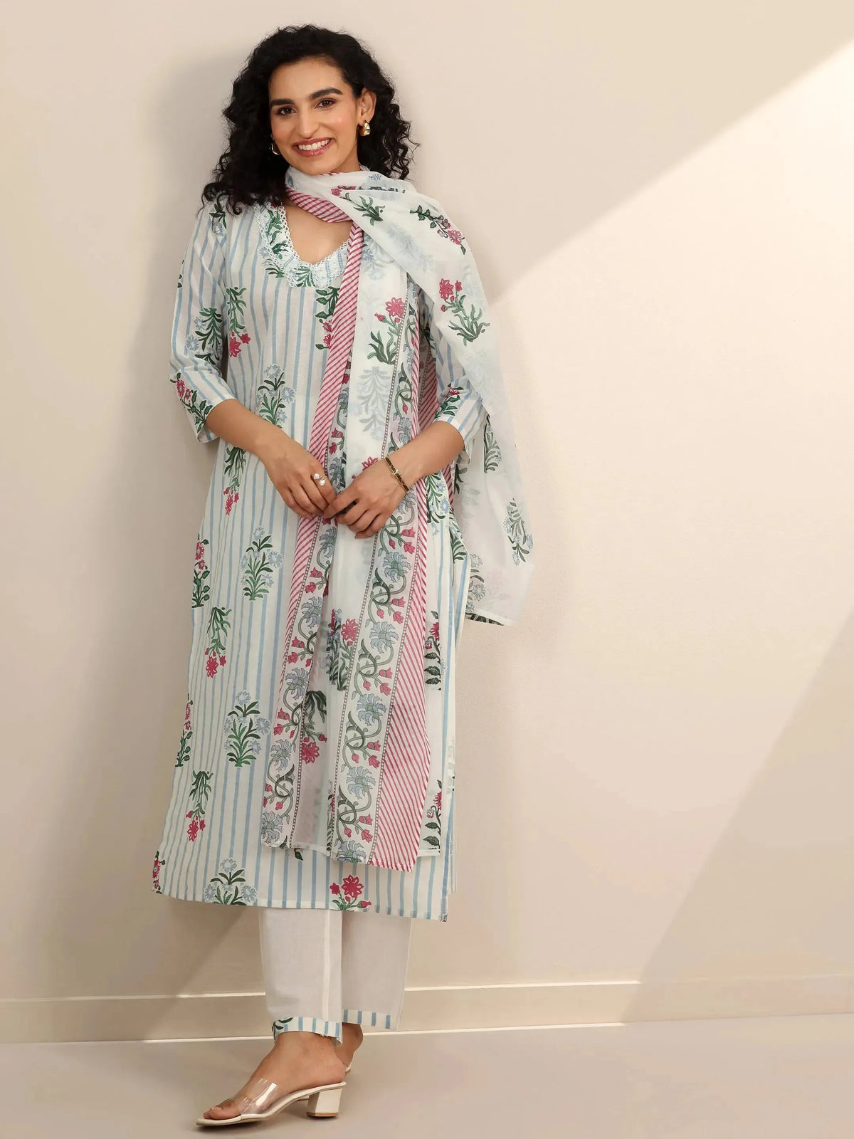 Anouk Off White Printed Cotton Straight Suit Sets With Dupatta