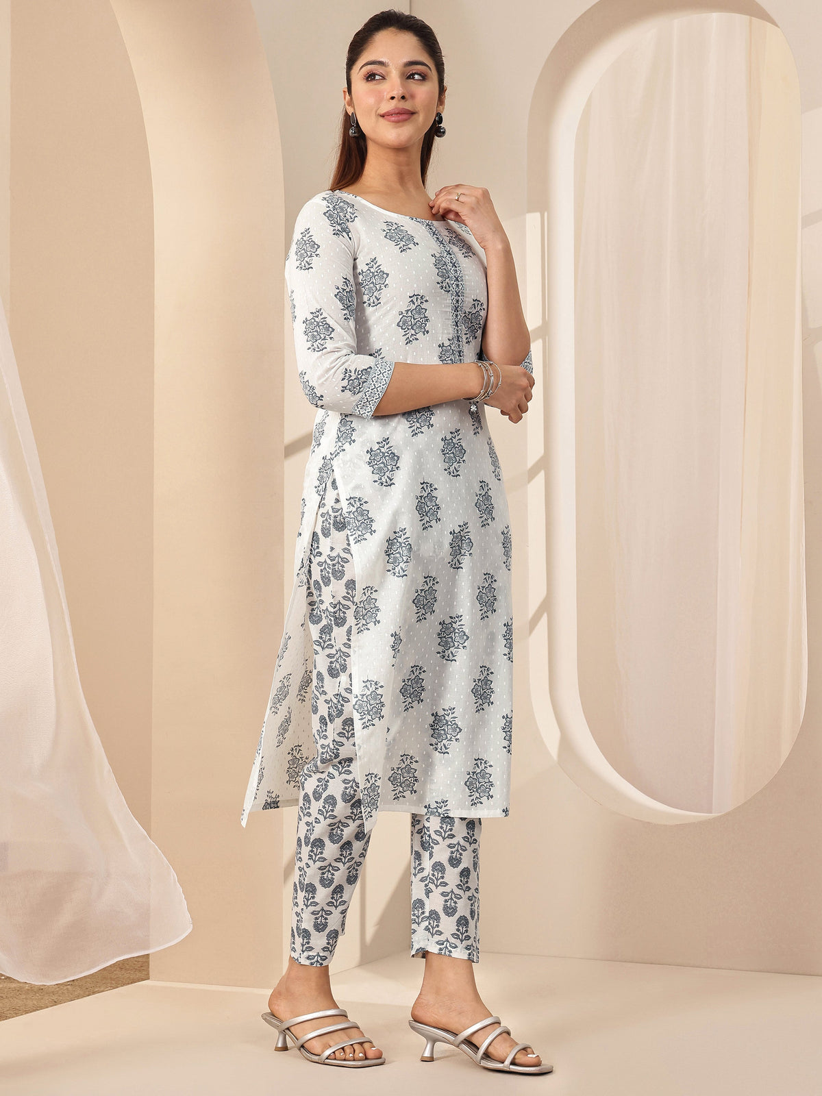 Anouk Off White Printed Cotton Straight Suit Sets With Dupatta