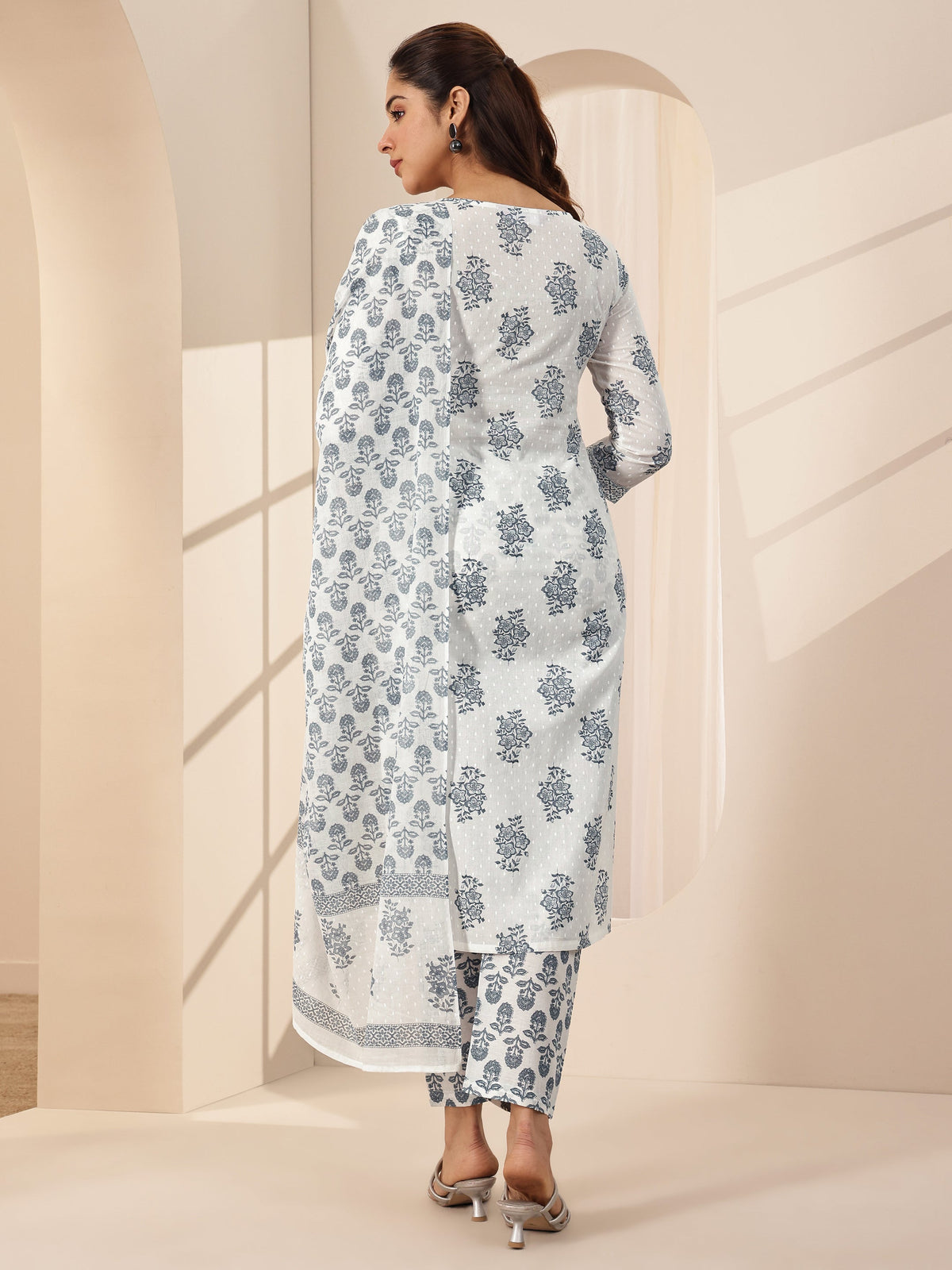 Anouk Off White Printed Cotton Straight Suit Sets With Dupatta
