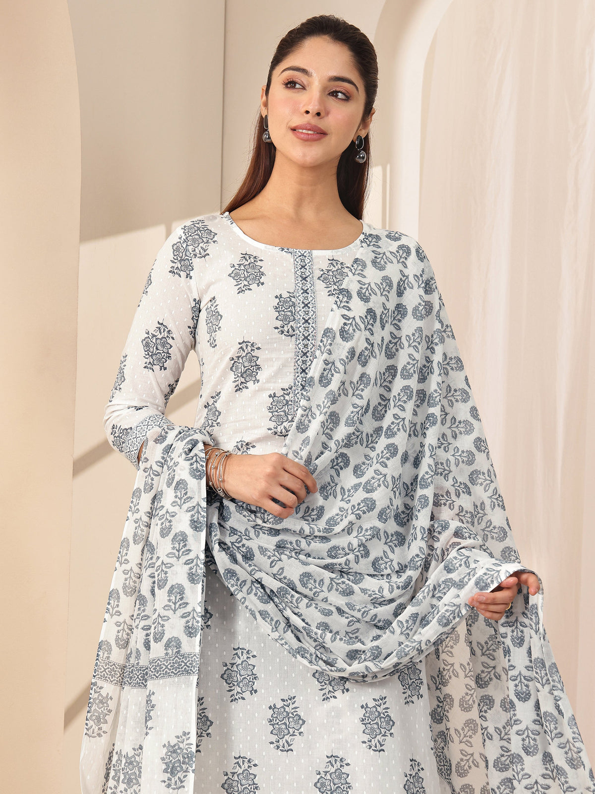 Anouk Off White Printed Cotton Straight Suit Sets With Dupatta
