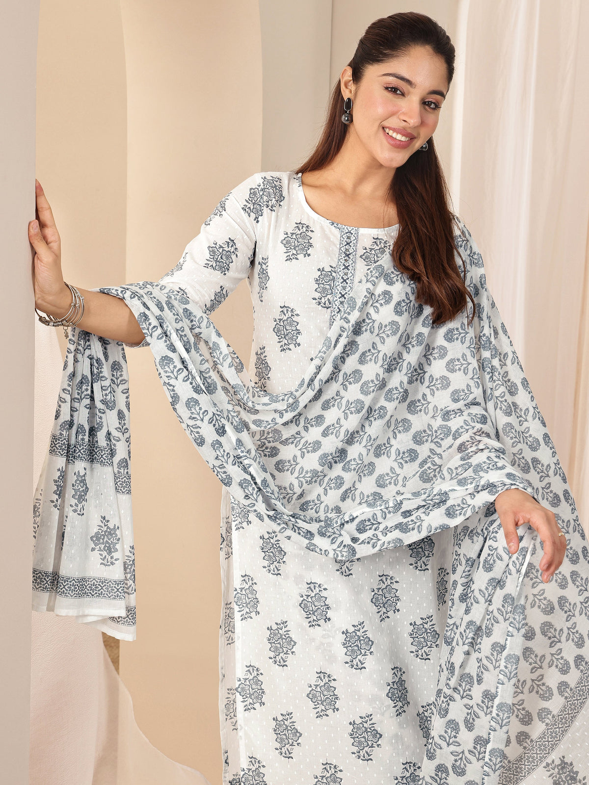 Anouk Off White Printed Cotton Straight Suit Sets With Dupatta