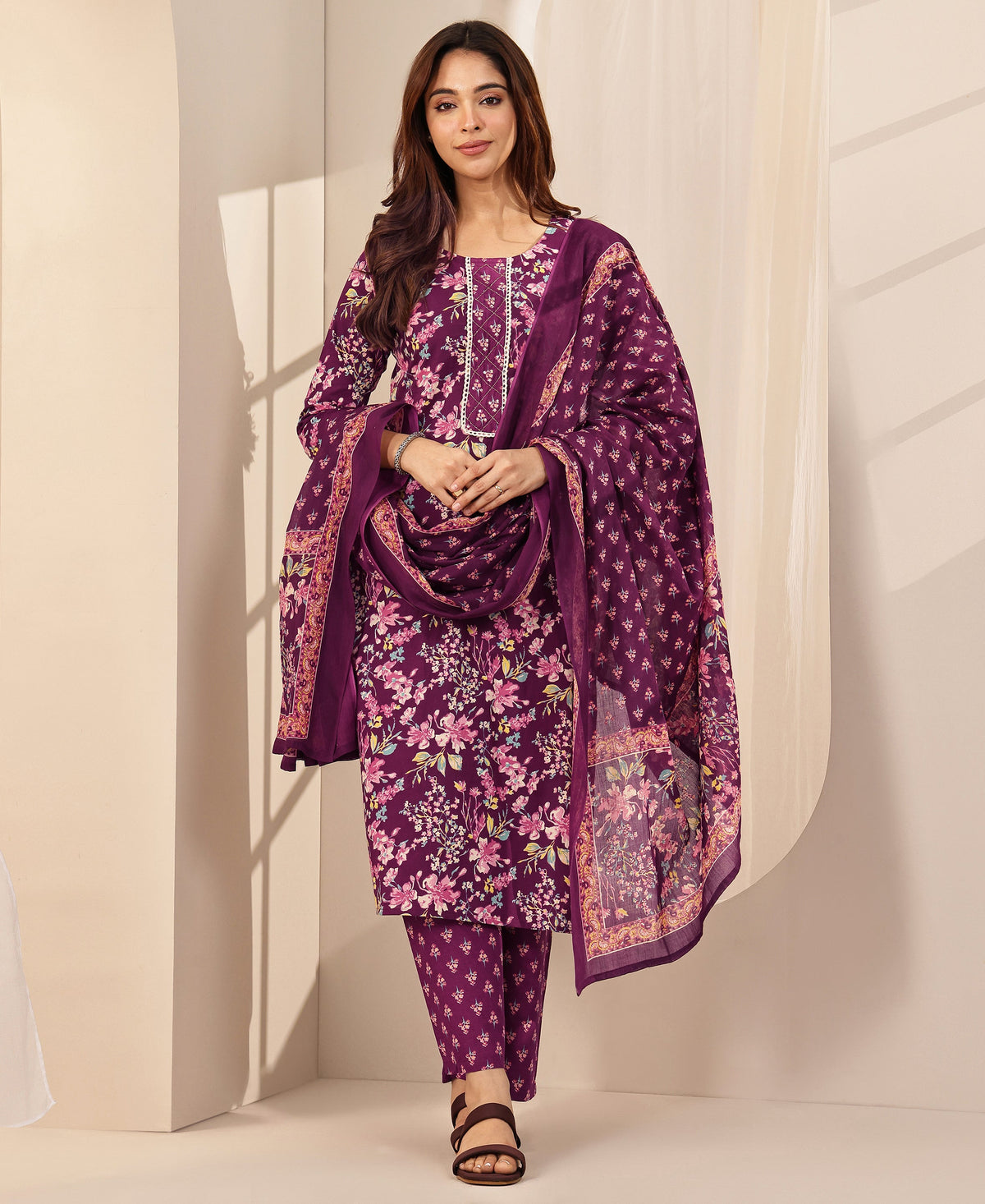 Anouk Wine Printed Cotton Straight Suit Sets With Dupatta