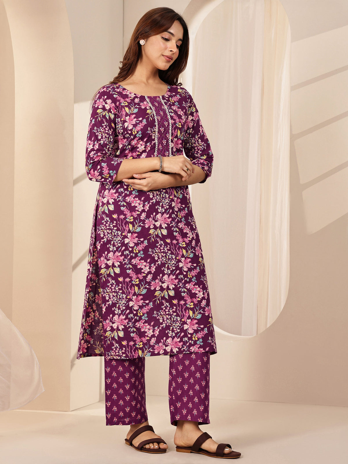 Anouk Wine Printed Cotton Straight Suit Sets With Dupatta