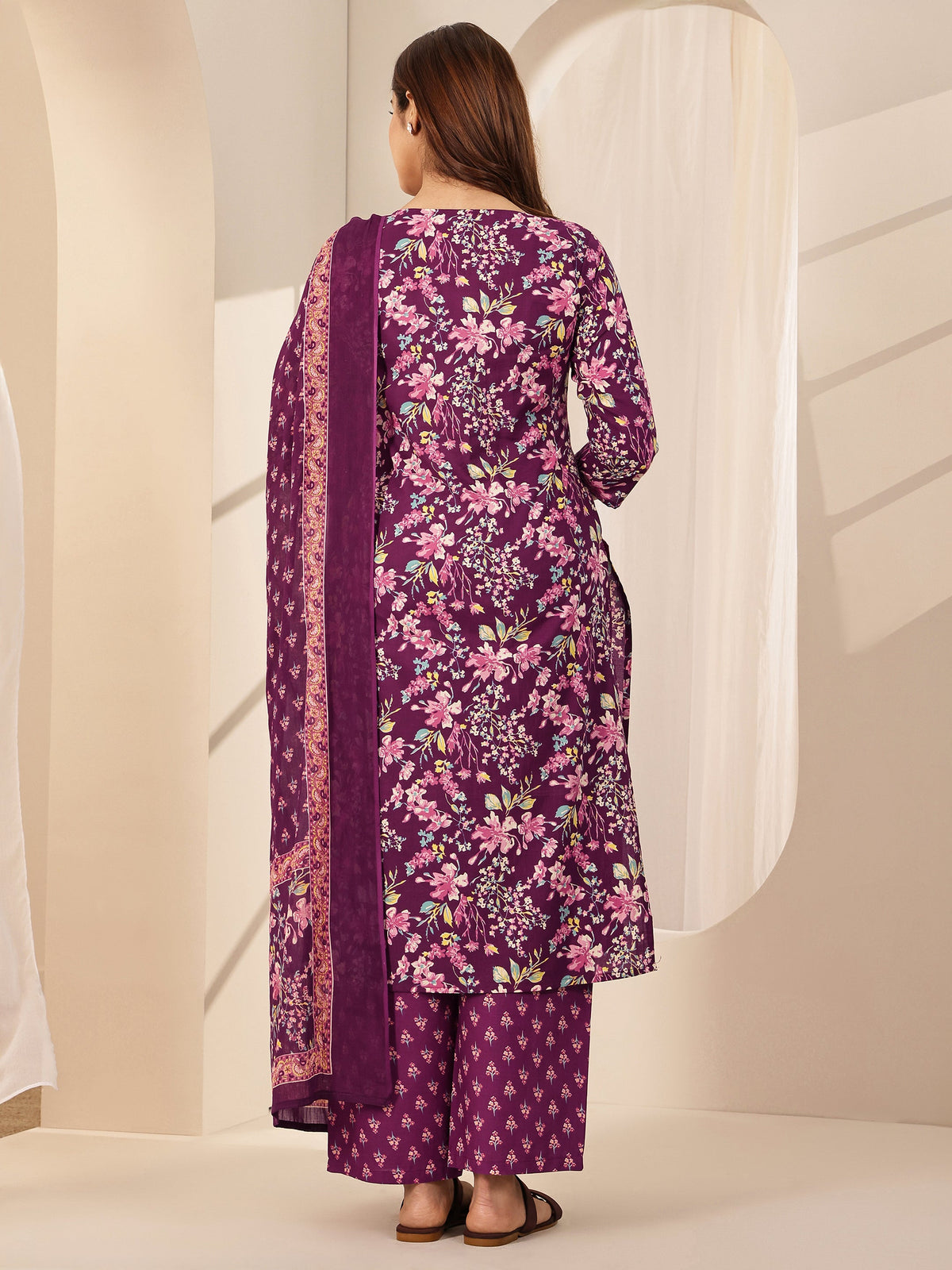 Anouk Wine Printed Cotton Straight Suit Sets With Dupatta