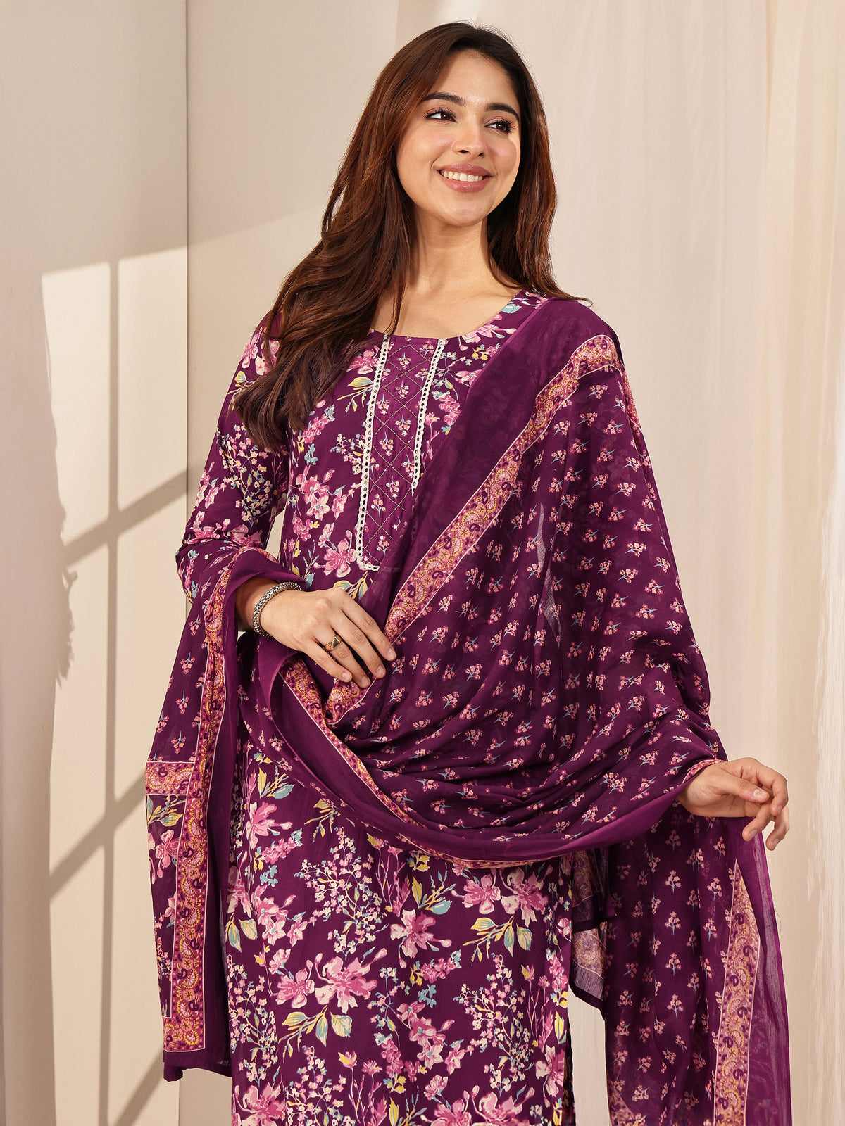 Anouk Wine Printed Cotton Straight Suit Sets With Dupatta