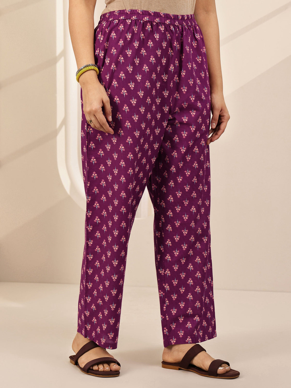 Anouk Wine Printed Cotton Straight Suit Sets With Dupatta