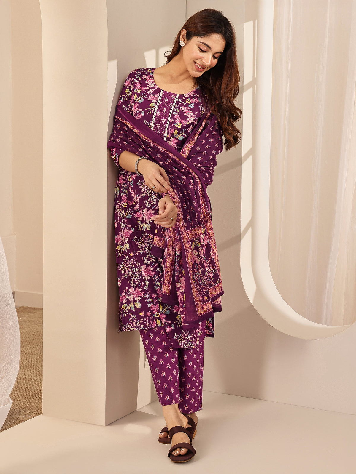 Anouk Wine Printed Cotton Straight Suit Sets With Dupatta