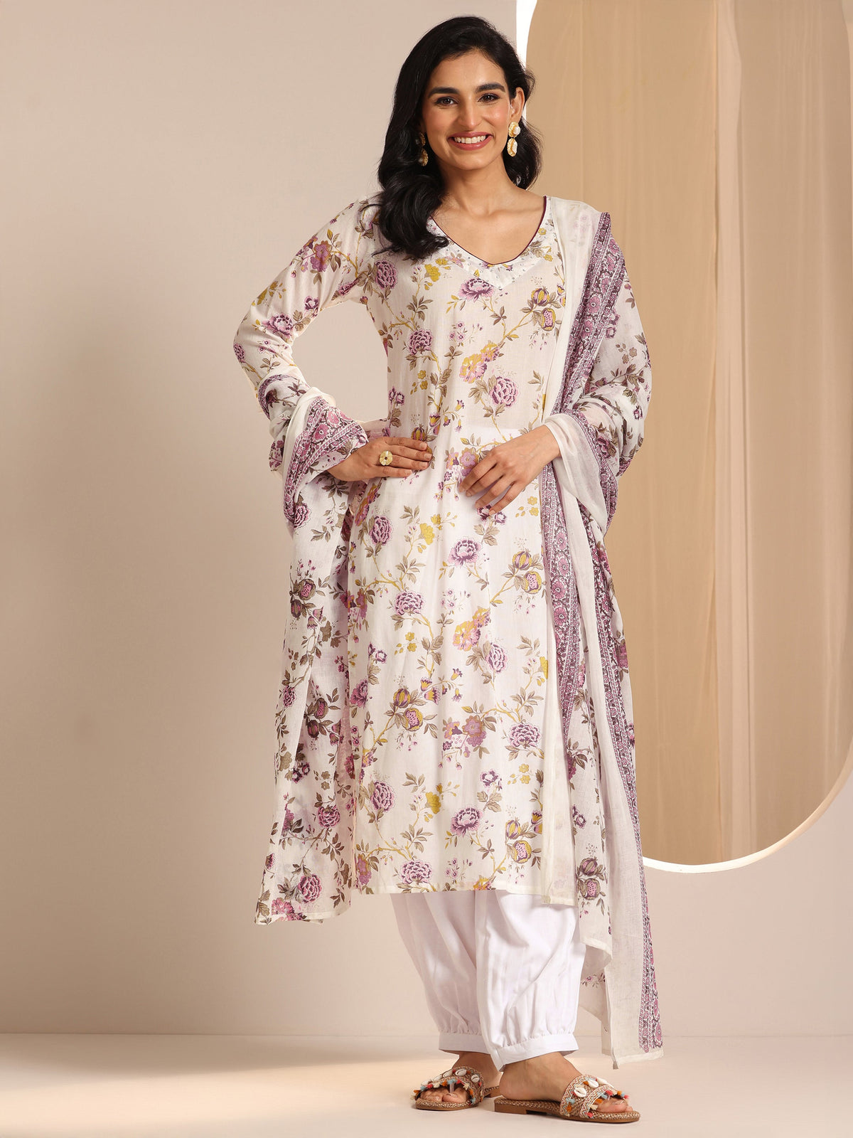 Anouk Off White Printed Cotton Straight Suit Sets With Dupatta