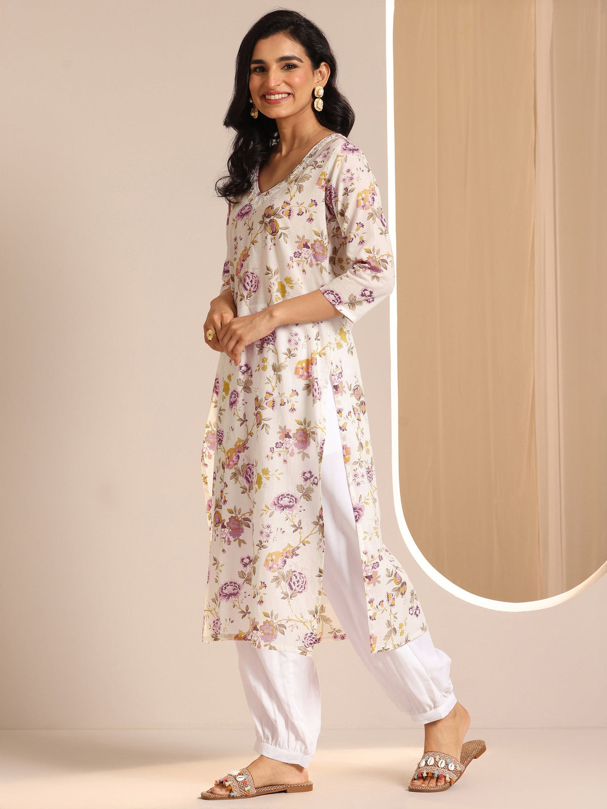 Anouk Off White Printed Cotton Straight Suit Sets With Dupatta