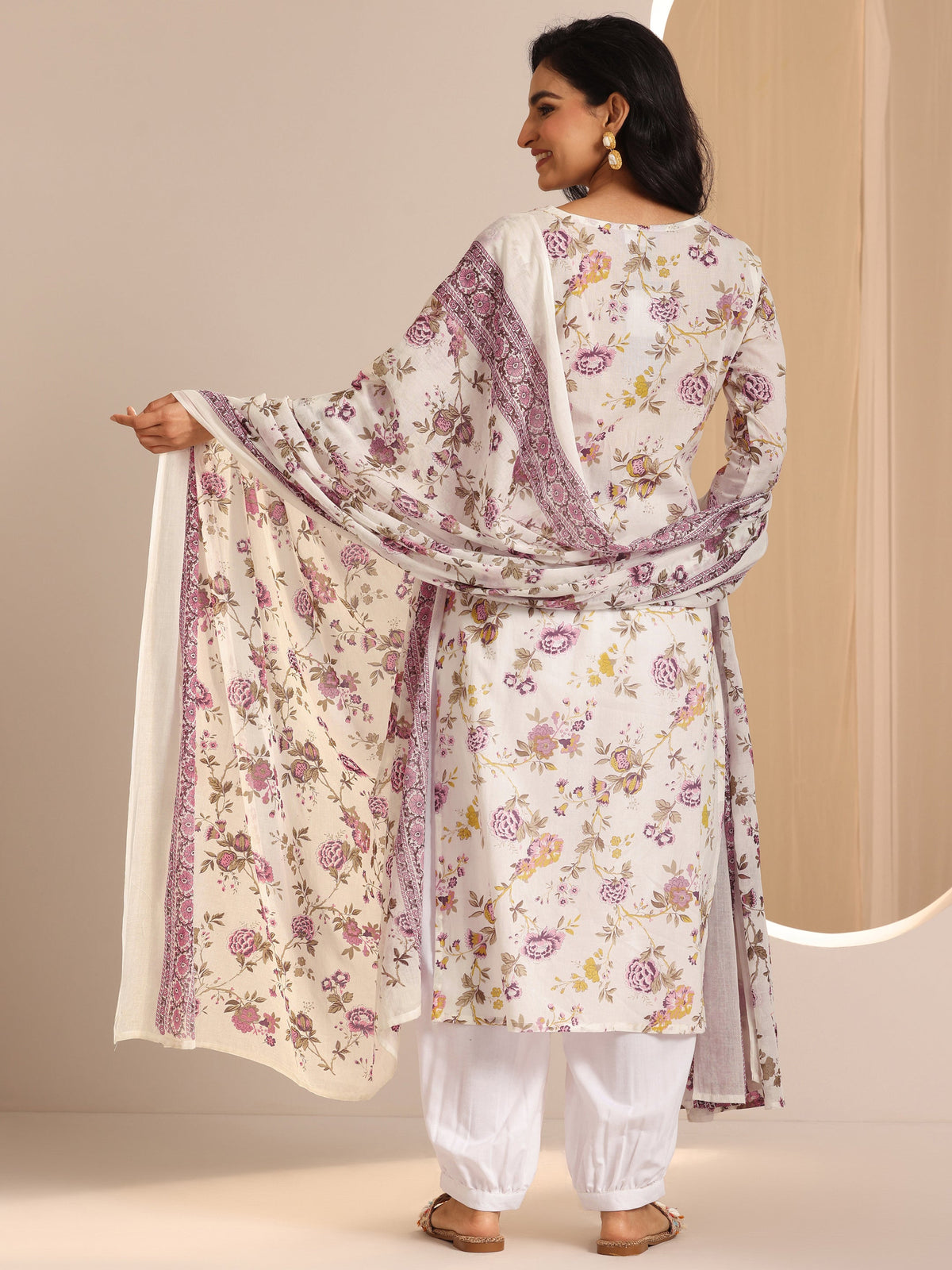 Anouk Off White Printed Cotton Straight Suit Sets With Dupatta