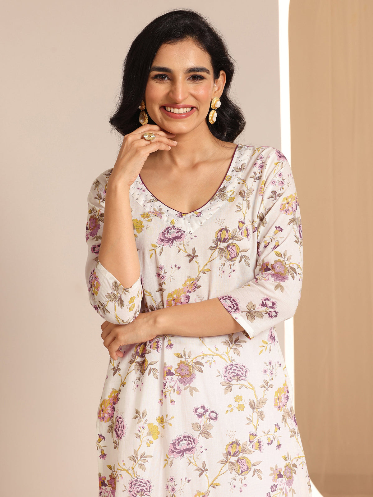 Anouk Off White Printed Cotton Straight Suit Sets With Dupatta