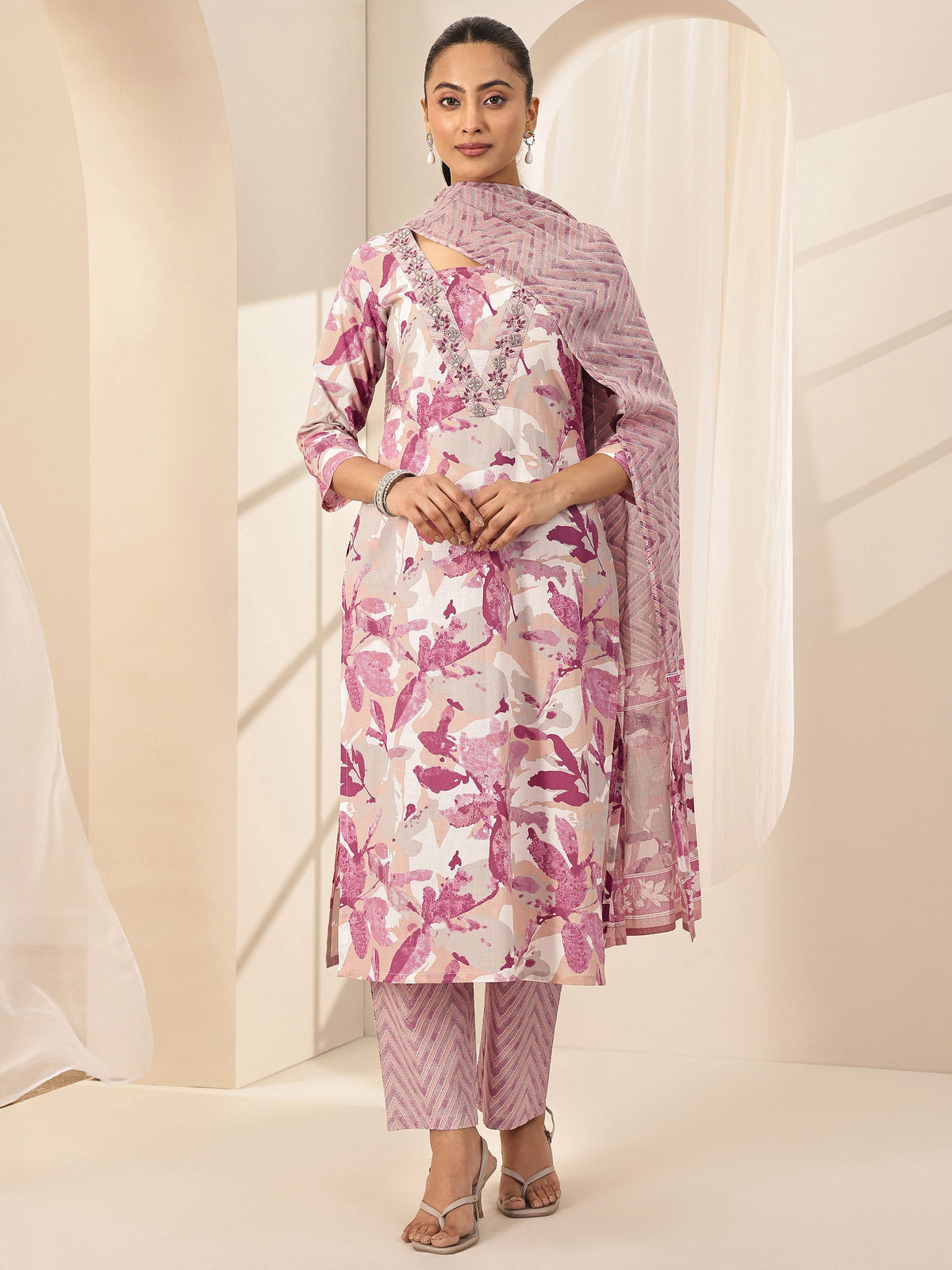 Anouk Off White Printed Cotton Straight Suit Sets With Dupatta