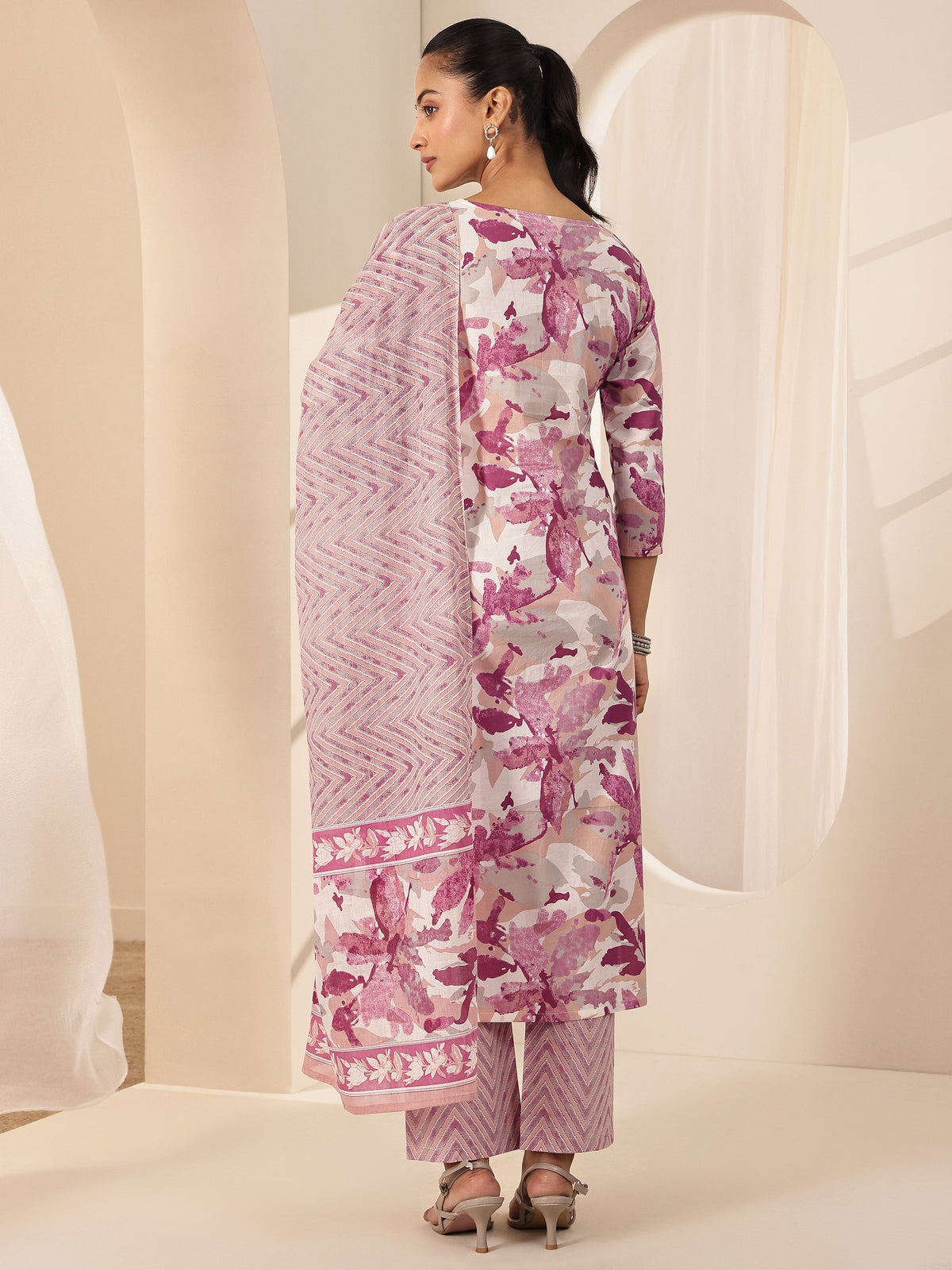 Anouk Off White Printed Cotton Straight Suit Sets With Dupatta