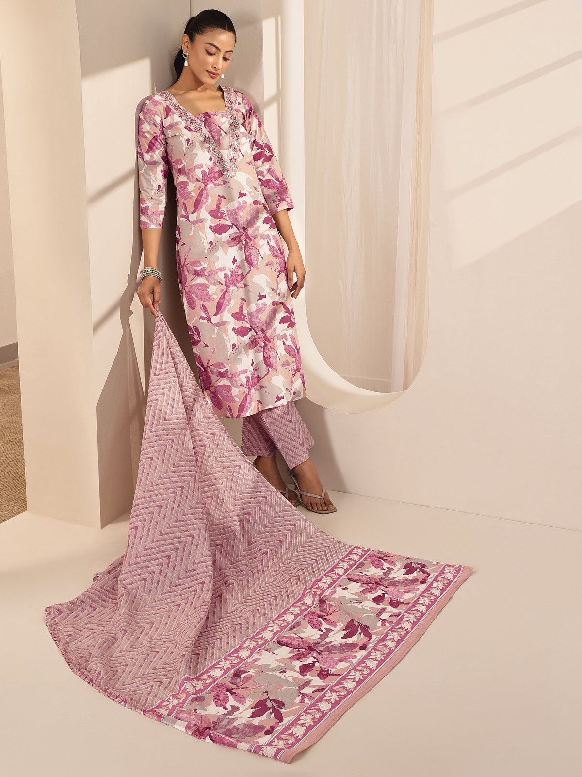 Anouk Off White Printed Cotton Straight Suit Sets With Dupatta