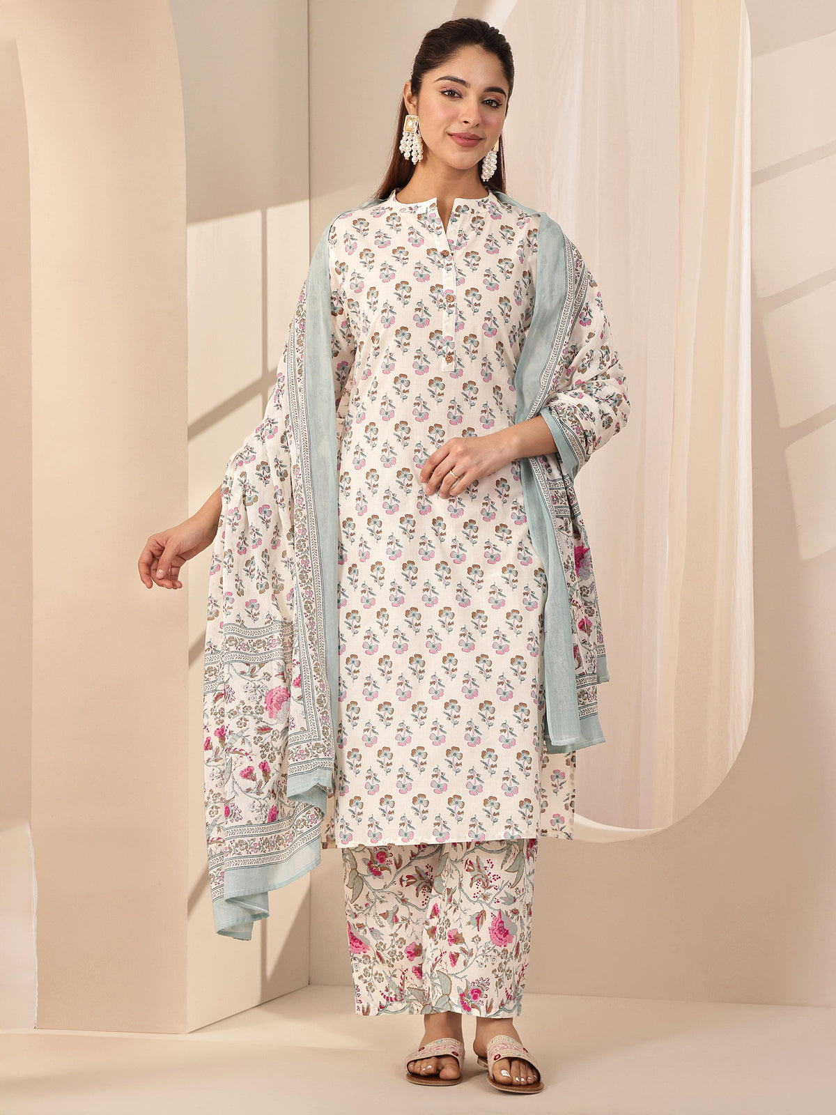 Anouk Off White Printed Cotton Straight Suit Sets With Dupatta