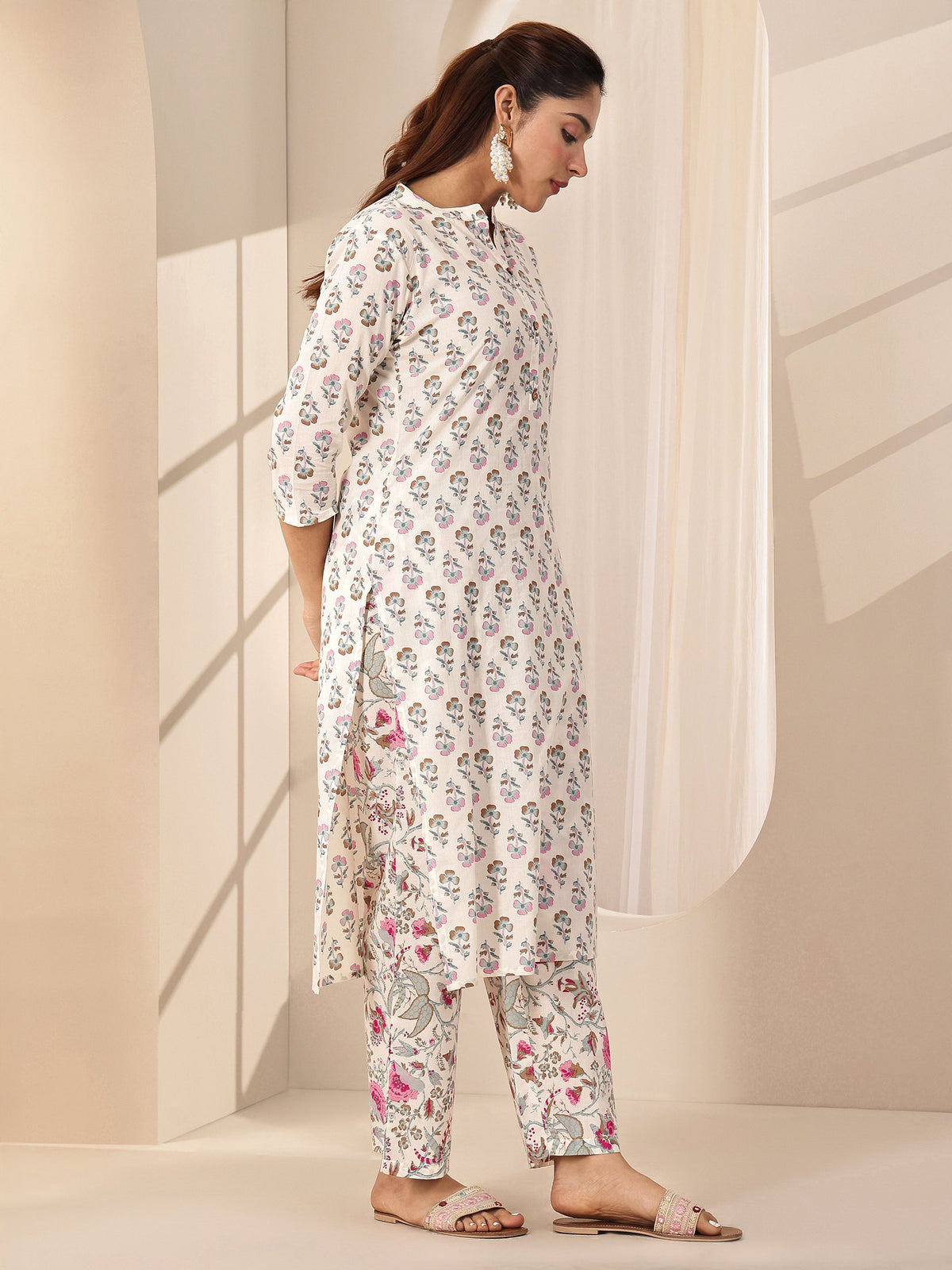 Anouk Off White Printed Cotton Straight Suit Sets With Dupatta