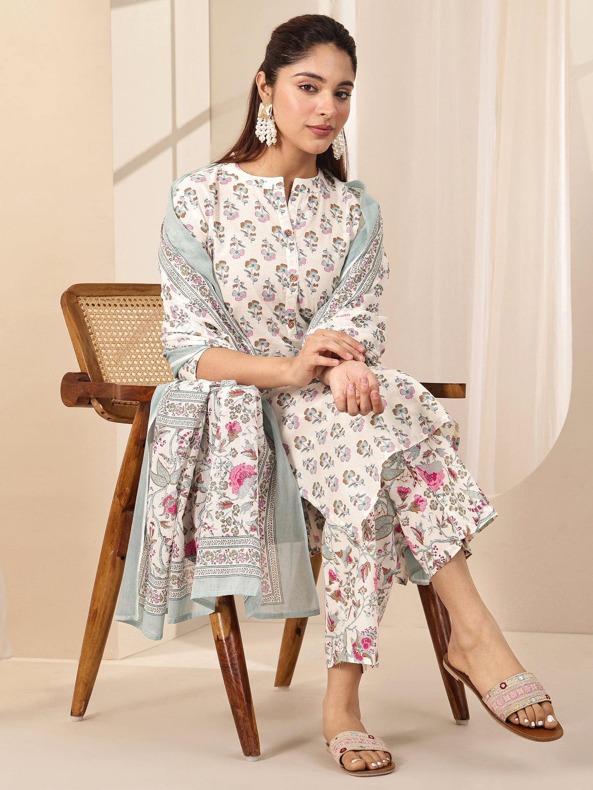 Anouk Off White Printed Cotton Straight Suit Sets With Dupatta