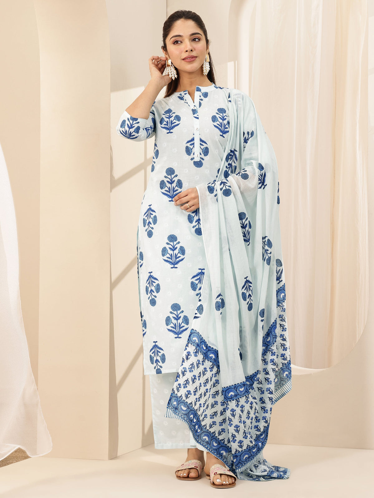 Anouk Blue Printed Cotton Straight Suit Sets With Dupatta
