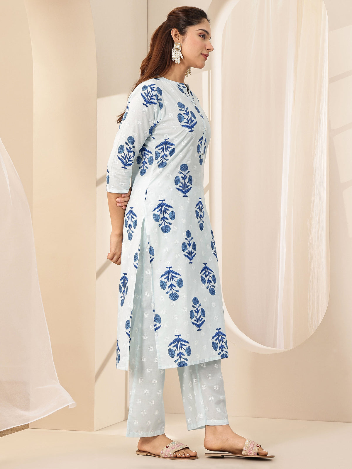 Anouk Blue Printed Cotton Straight Suit Sets With Dupatta