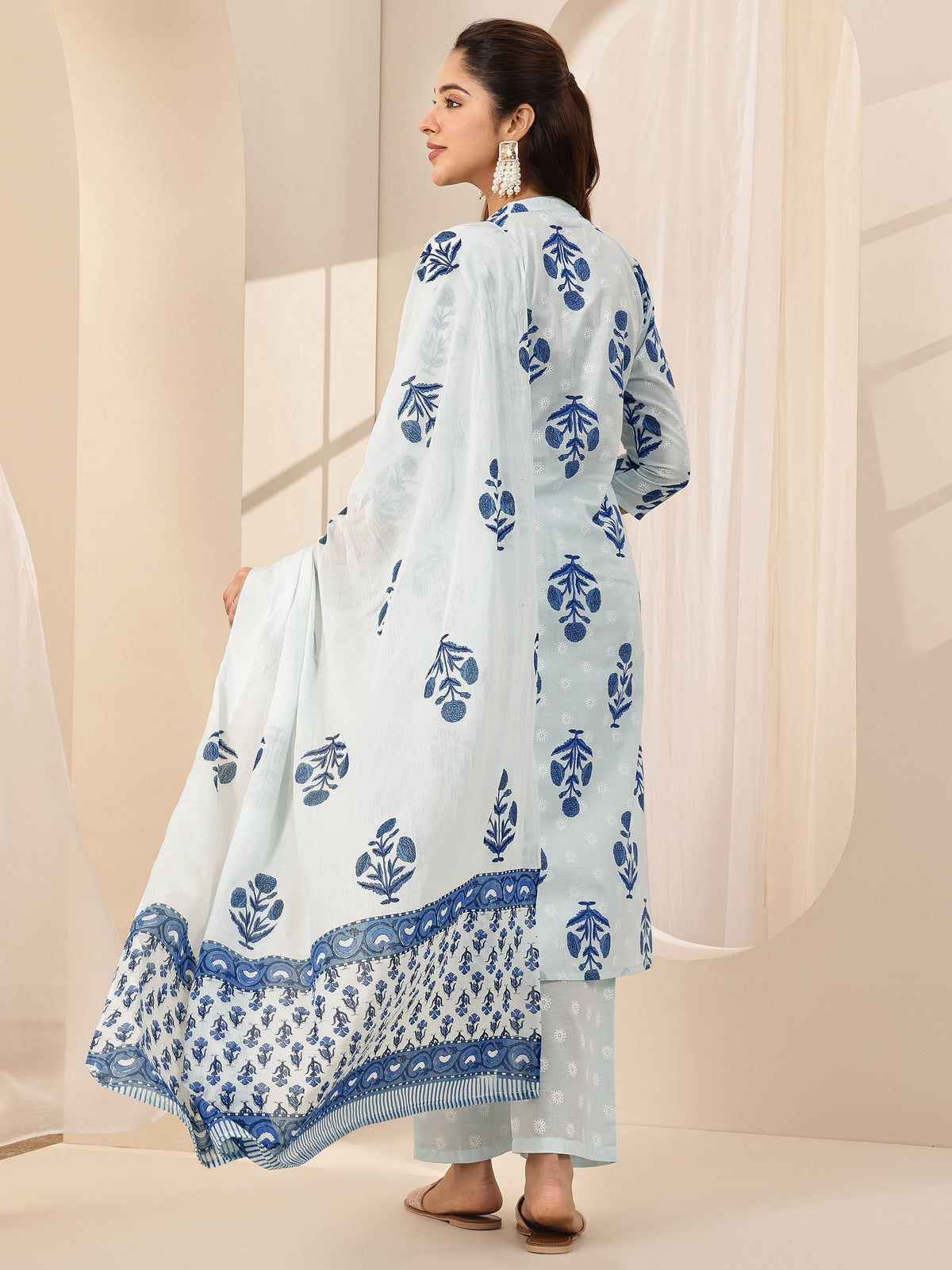 Anouk Blue Printed Cotton Straight Suit Sets With Dupatta