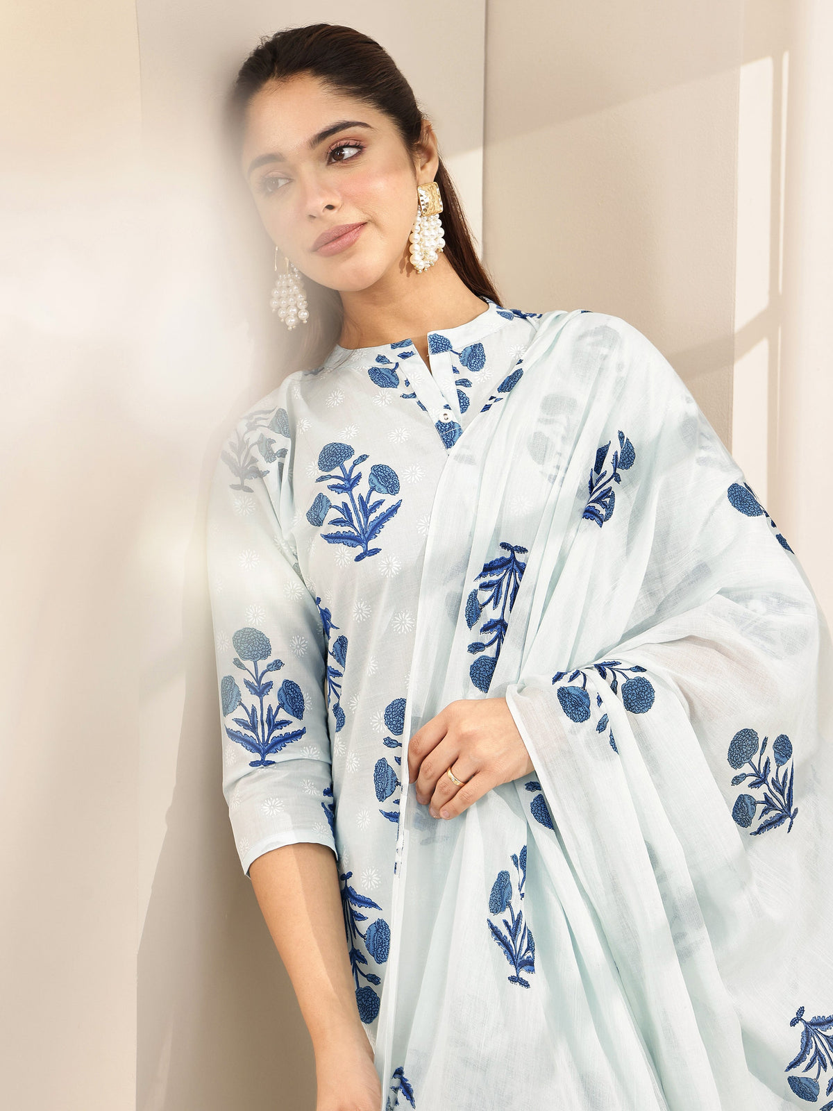 Anouk Blue Printed Cotton Straight Suit Sets With Dupatta