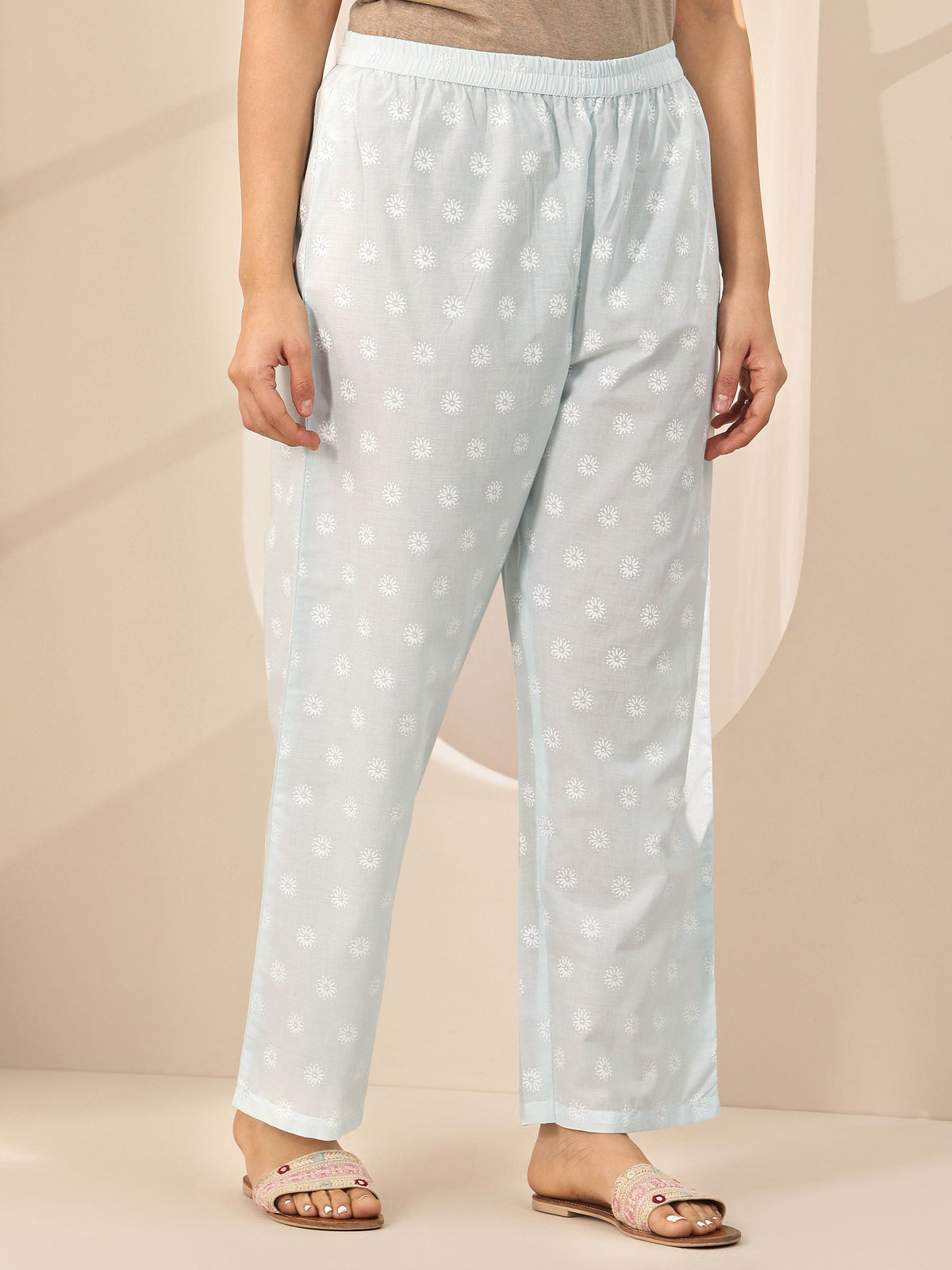 Anouk Blue Printed Cotton Straight Suit Sets With Dupatta