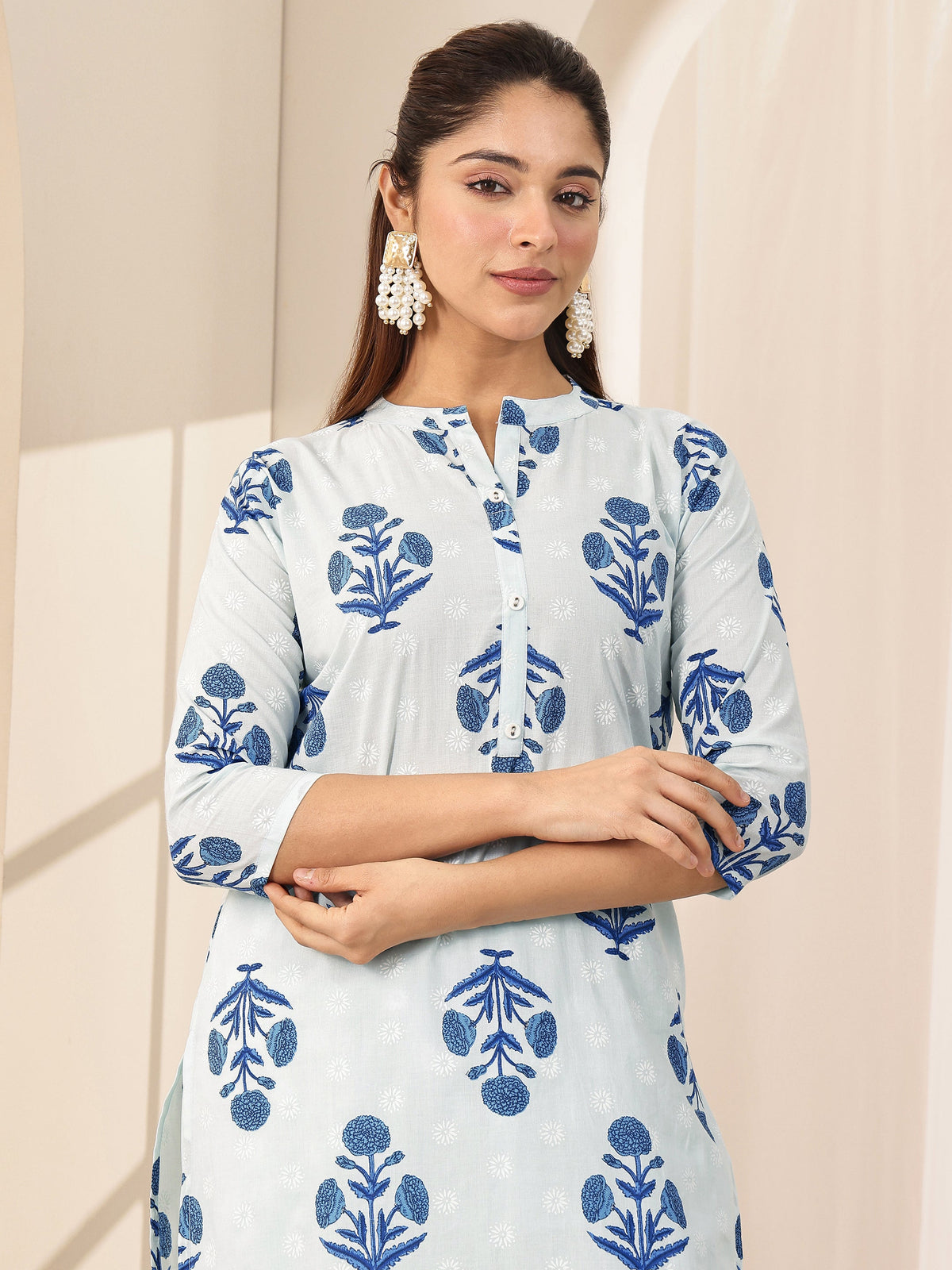Anouk Blue Printed Cotton Straight Suit Sets With Dupatta