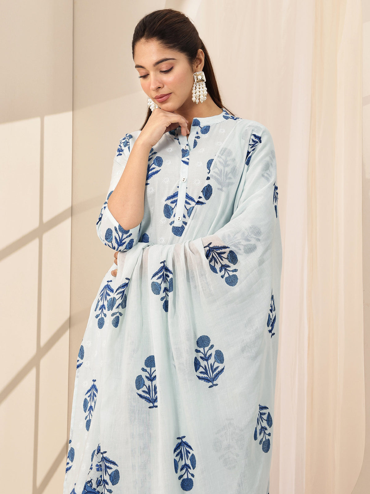 Anouk Blue Printed Cotton Straight Suit Sets With Dupatta