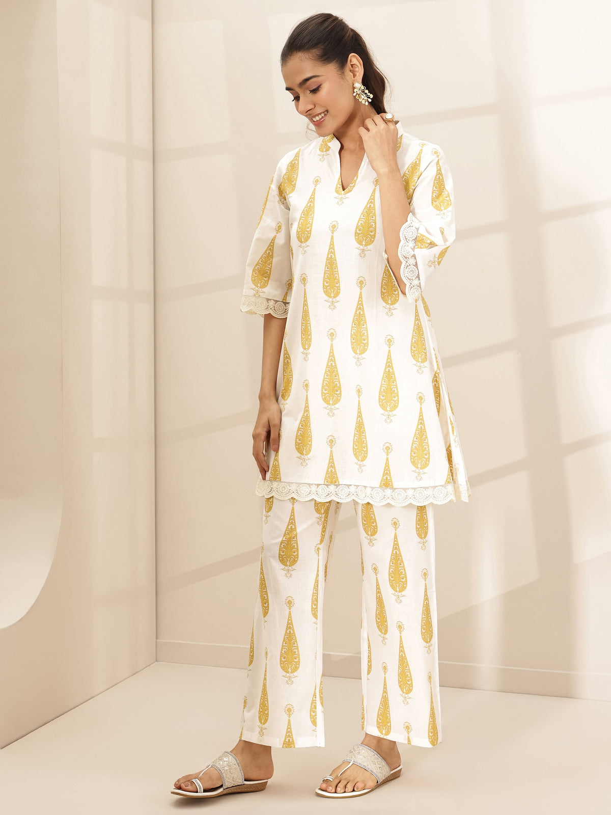 Anouk White Printed Cotton A-line Kurta Set