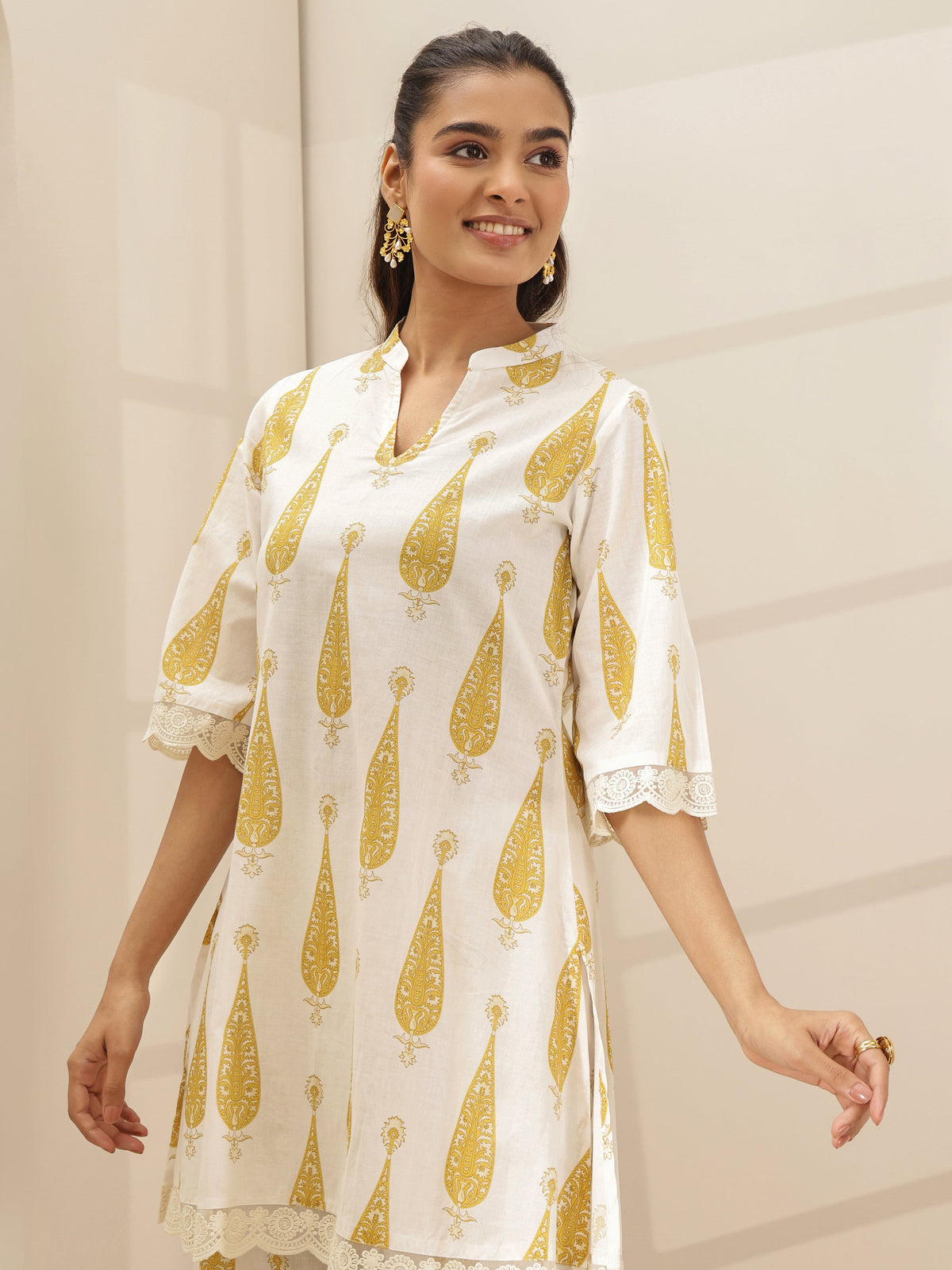 Anouk White Printed Cotton A-line Kurta Set