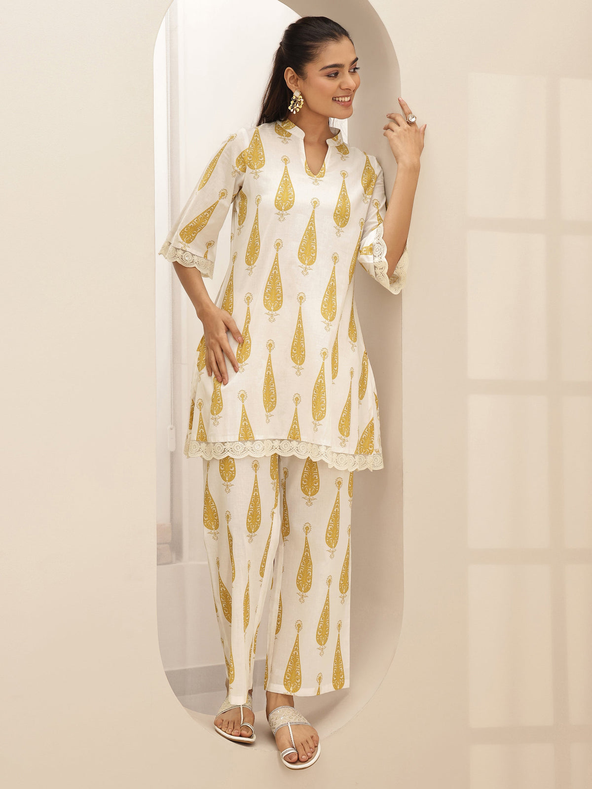 Anouk White Printed Cotton A-line Kurta Set