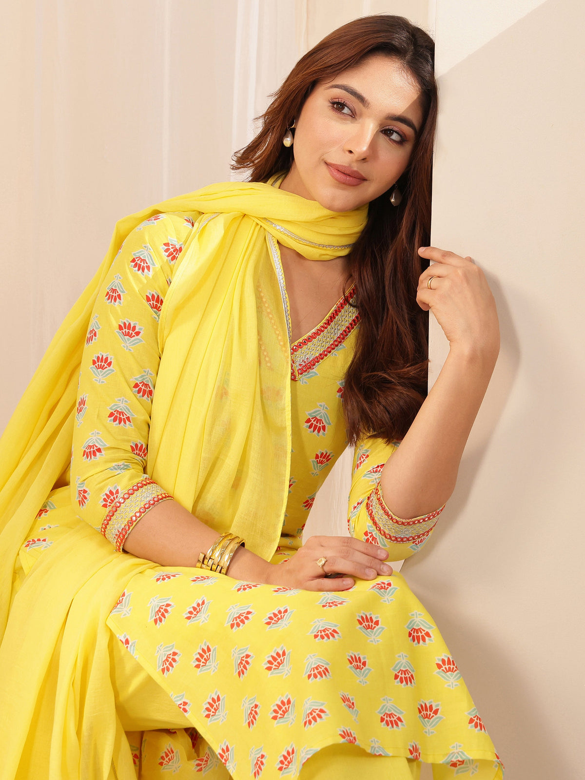 Anouk Yellow Printed Cotton Straight Suit Sets With Dupatta