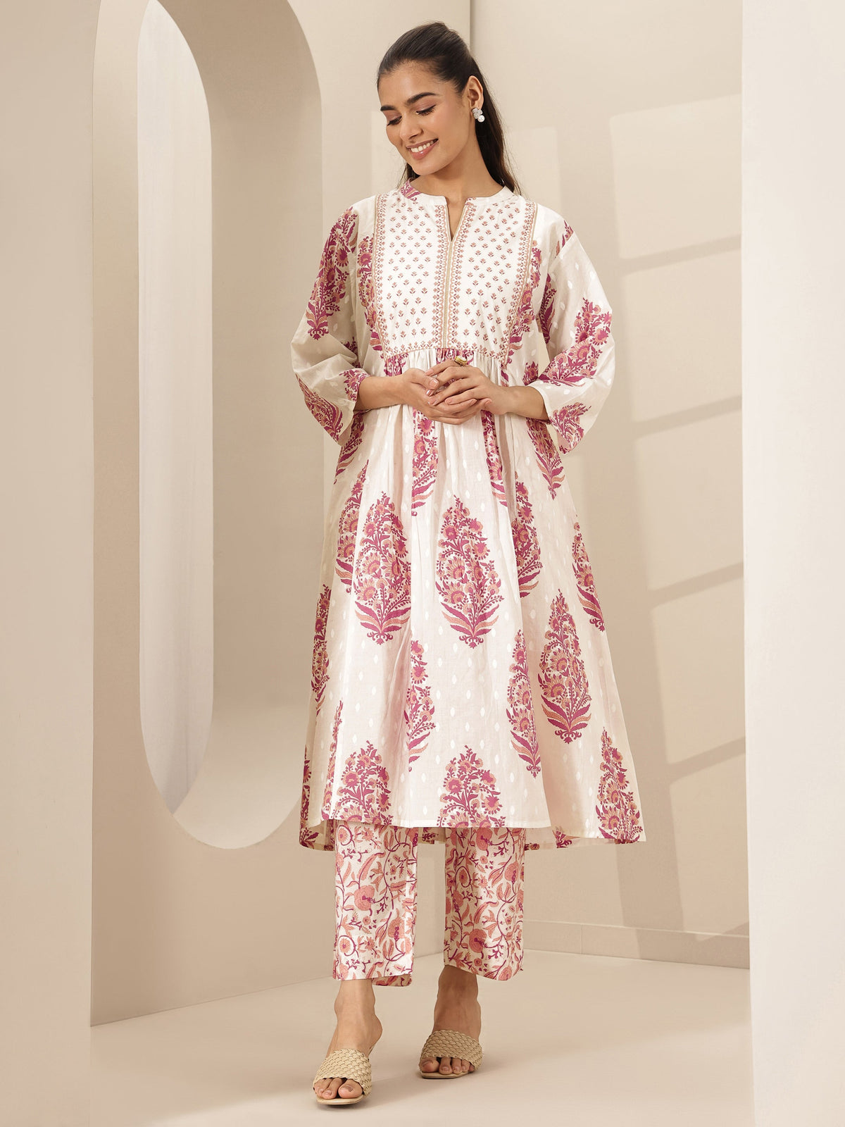 Anouk White Printed Cotton A-line Kurta Set