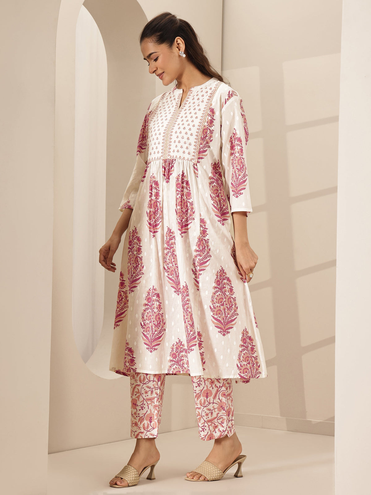 Anouk White Printed Cotton A-line Kurta Set