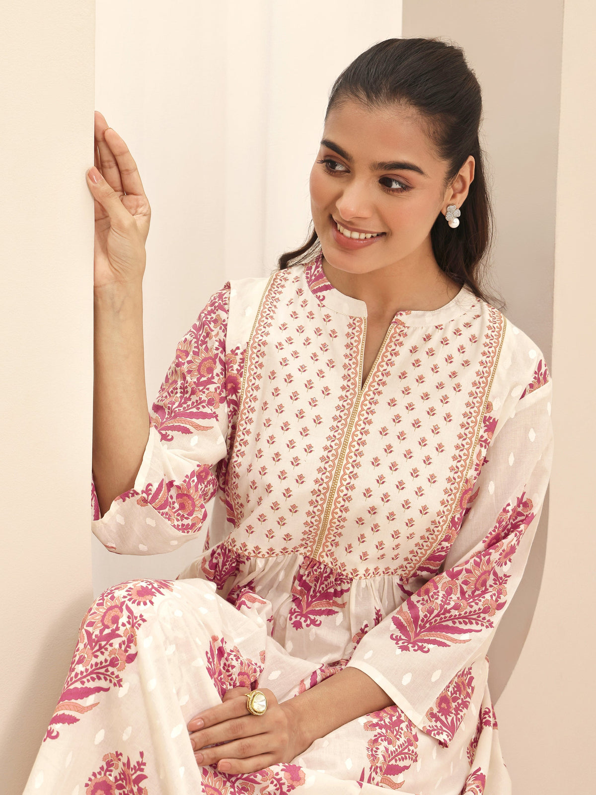 Anouk White Printed Cotton A-line Kurta Set
