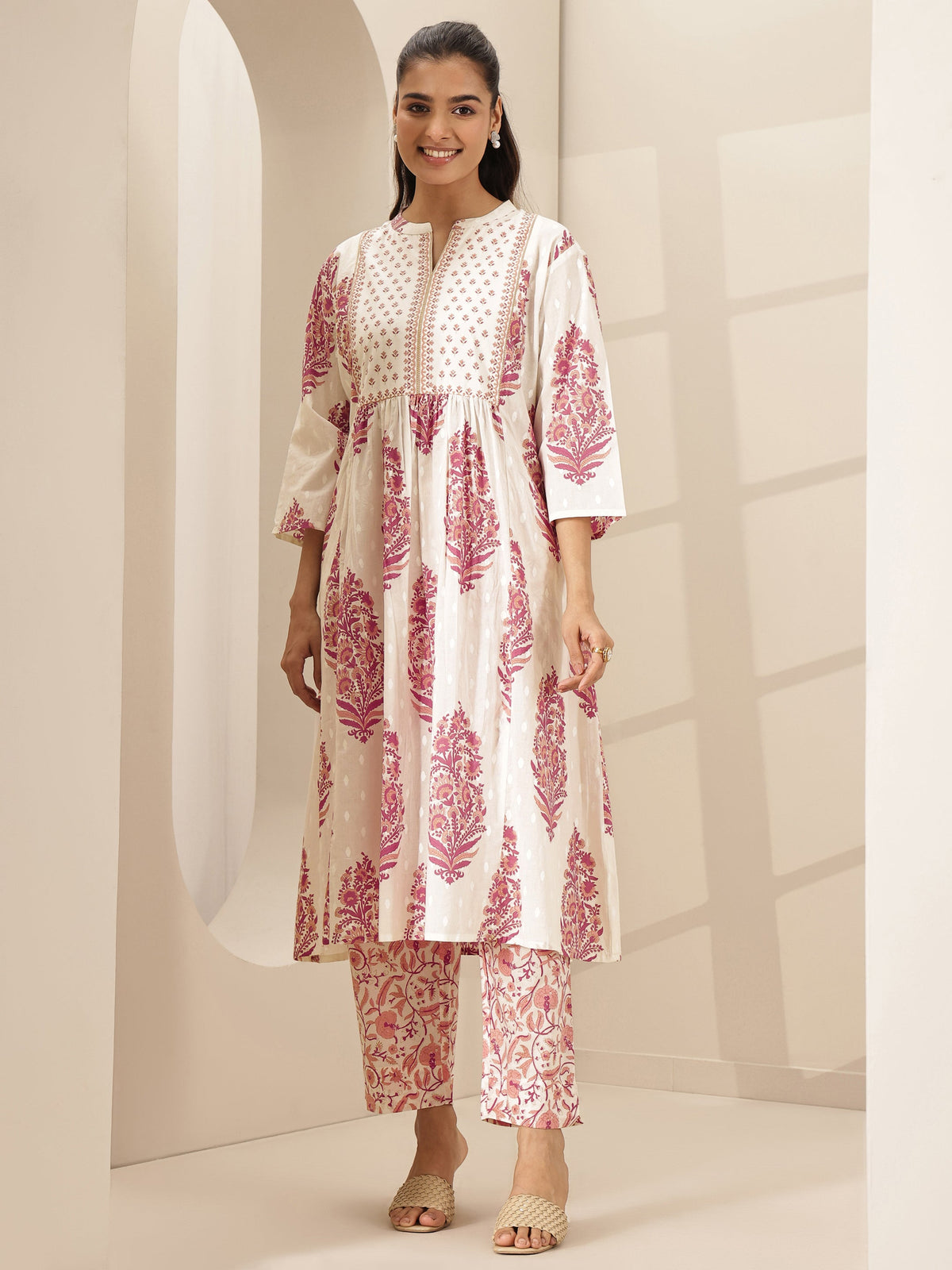 Anouk White Printed Cotton A-line Kurta Set
