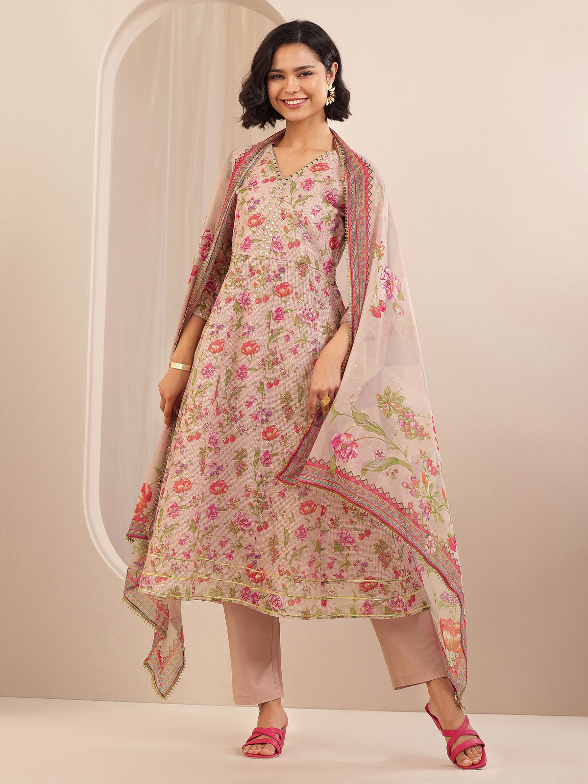 Anouk Pink Printed Silk Blend A-line Suit Sets With Dupatta