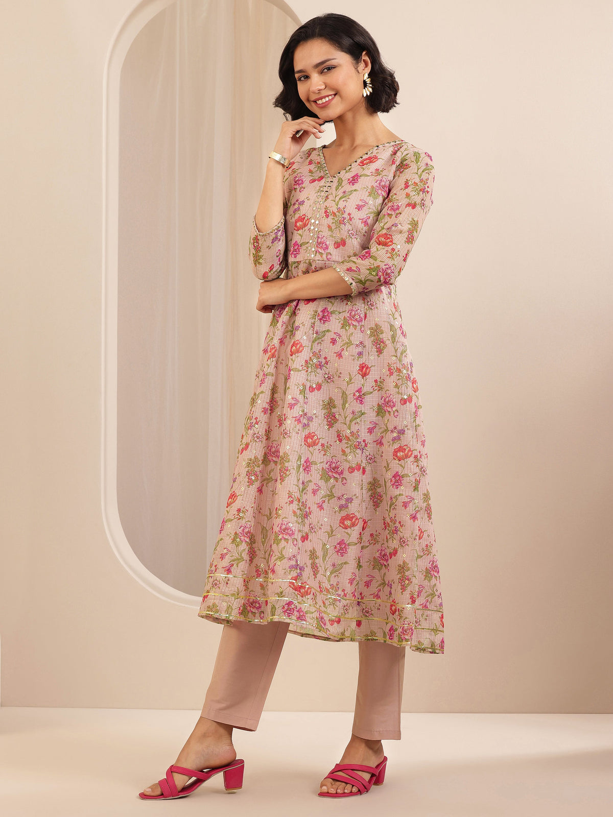 Anouk Pink Printed Silk Blend A-line Suit Sets With Dupatta