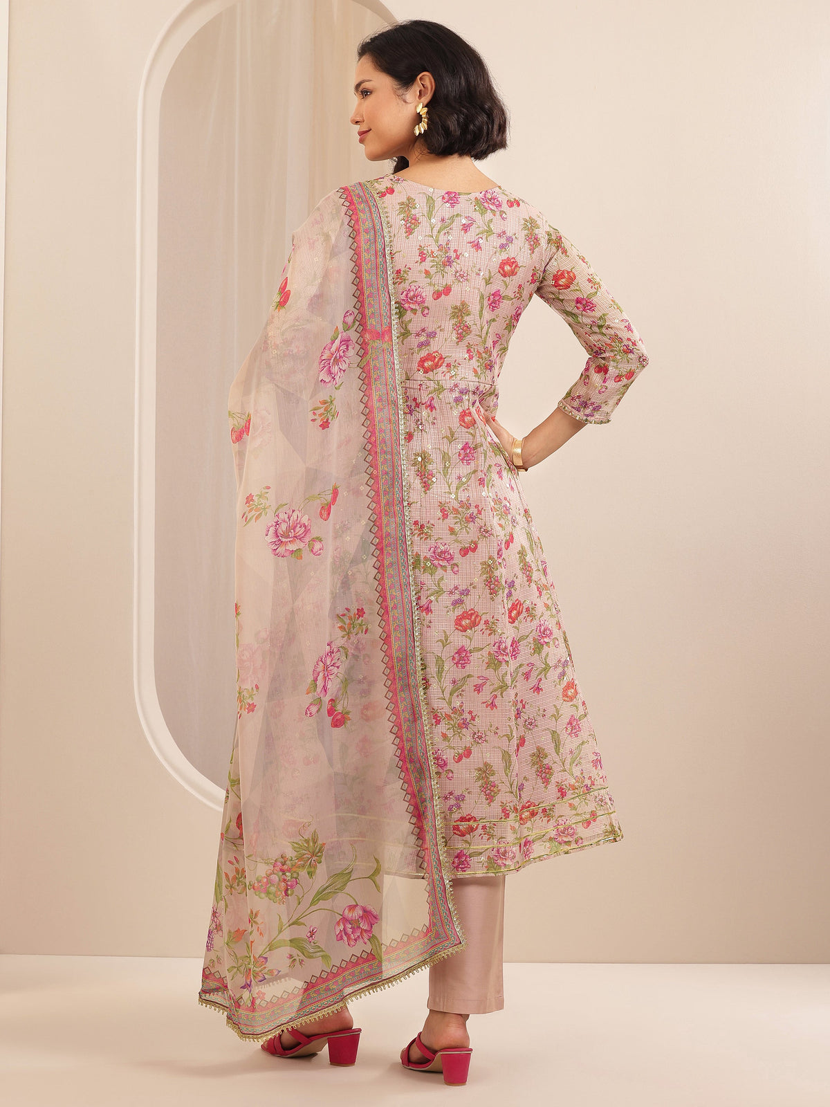 Anouk Pink Printed Silk Blend A-line Suit Sets With Dupatta
