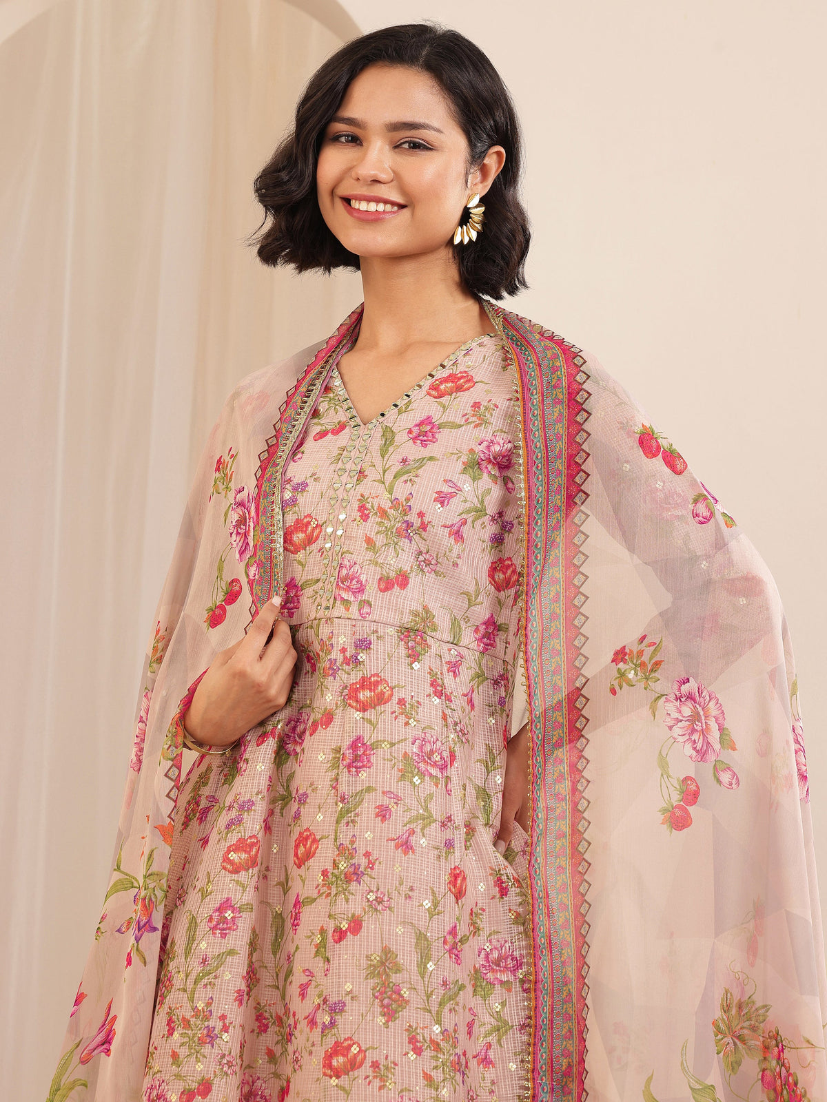 Anouk Pink Printed Silk Blend A-line Suit Sets With Dupatta