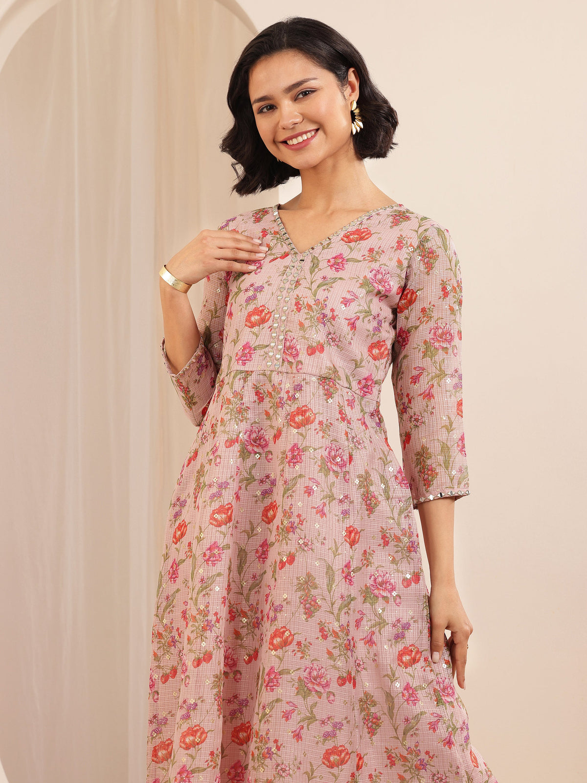 Anouk Pink Printed Silk Blend A-line Suit Sets With Dupatta