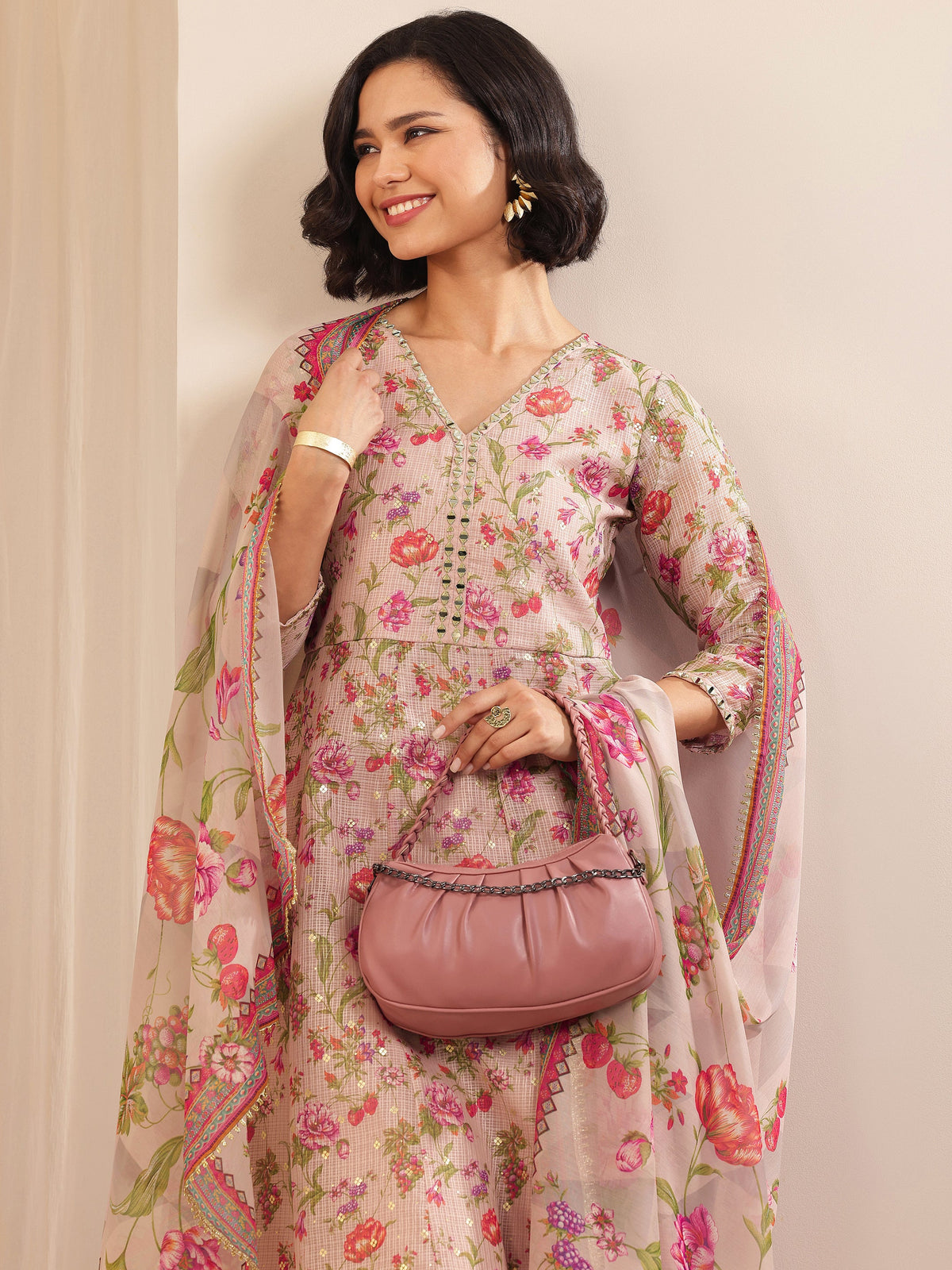 Anouk Pink Printed Silk Blend A-line Suit Sets With Dupatta