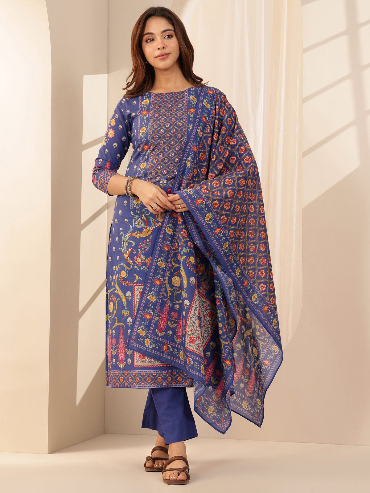 Anouk Blue Printed Cotton Straight Suit Sets With Dupatta