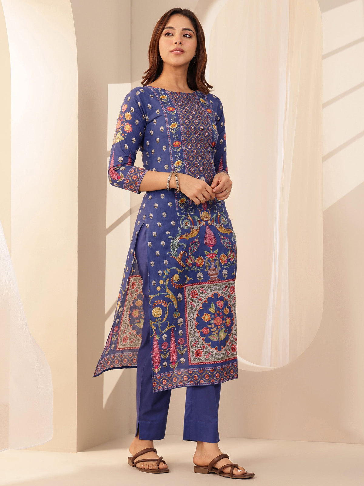 Anouk Blue Printed Cotton Straight Suit Sets With Dupatta