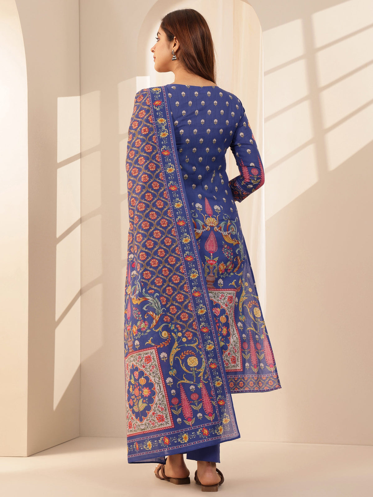 Anouk Blue Printed Cotton Straight Suit Sets With Dupatta