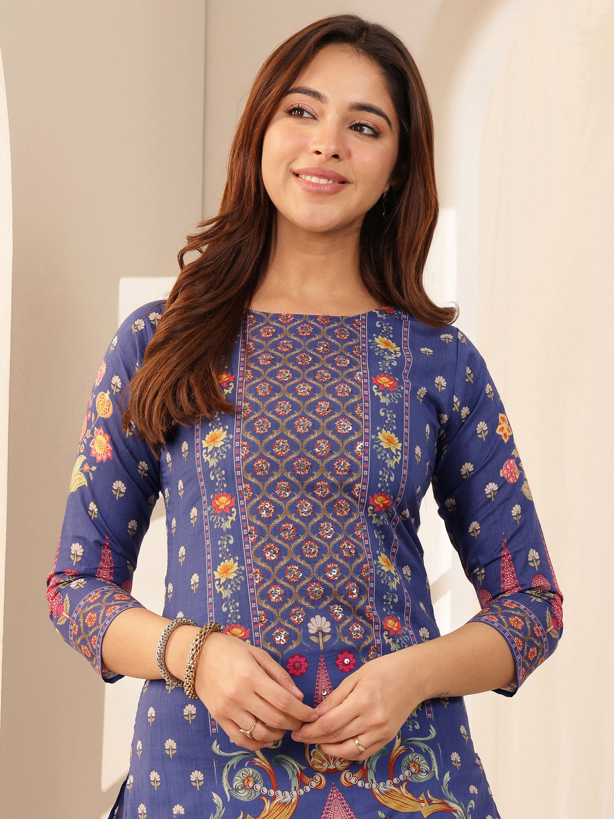 Anouk Blue Printed Cotton Straight Suit Sets With Dupatta