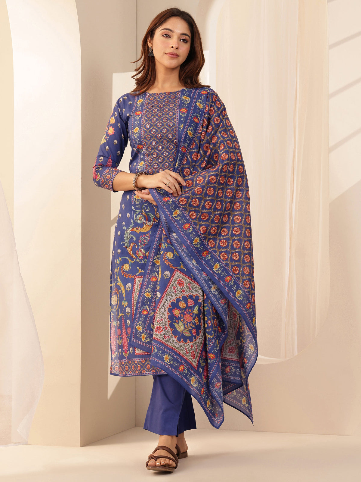 Anouk Blue Printed Cotton Straight Suit Sets With Dupatta