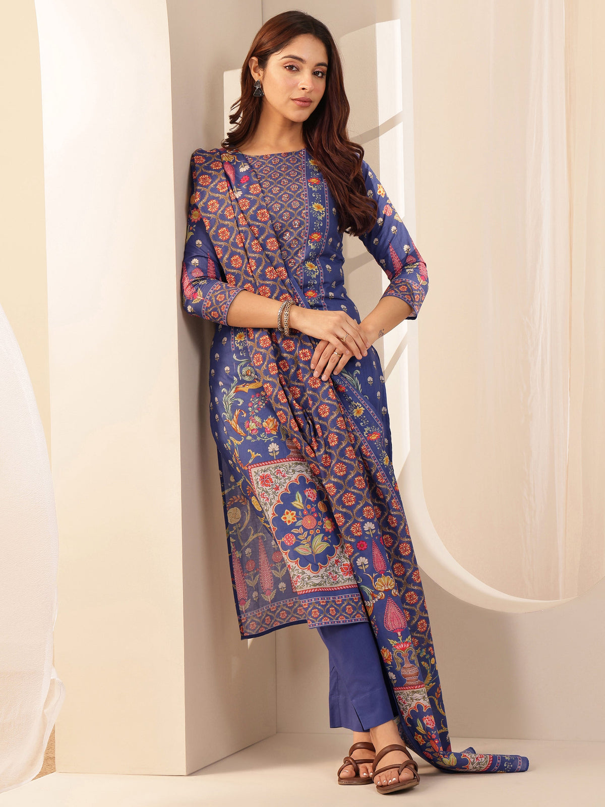 Anouk Blue Printed Cotton Straight Suit Sets With Dupatta