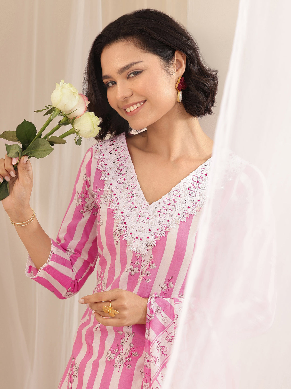 Anouk Pink Printed Cotton Straight Suit Sets With Dupatta